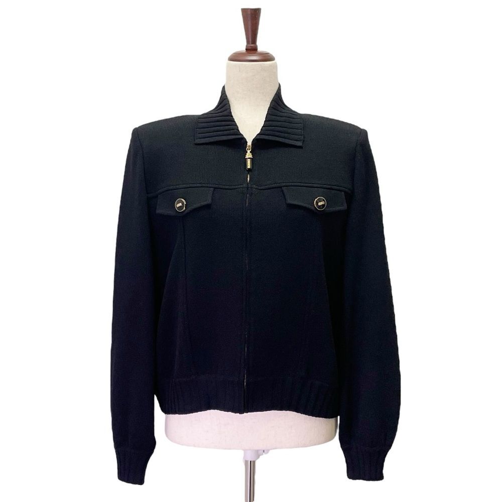 St John Collection Black Santana Knit Zip Jacket Gold Buttons Size Small USA - Picture 2 of 15
